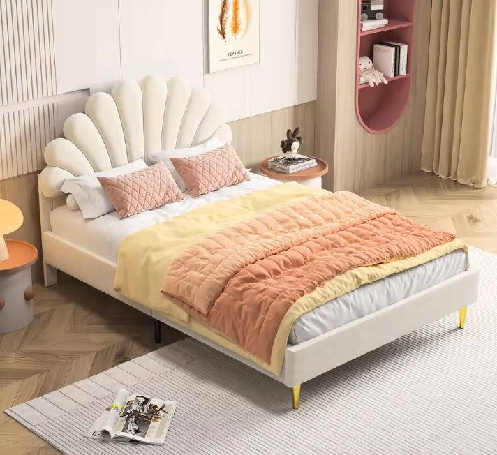 Gestoffeerd Tweepersoonsbed 140x200 cm met Bloemvormig Hoofdeinde en Fluwelen Stof