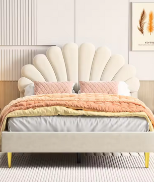 Gestoffeerd Tweepersoonsbed 140x200 cm met Bloemvormig Hoofdeinde en Fluwelen Stof