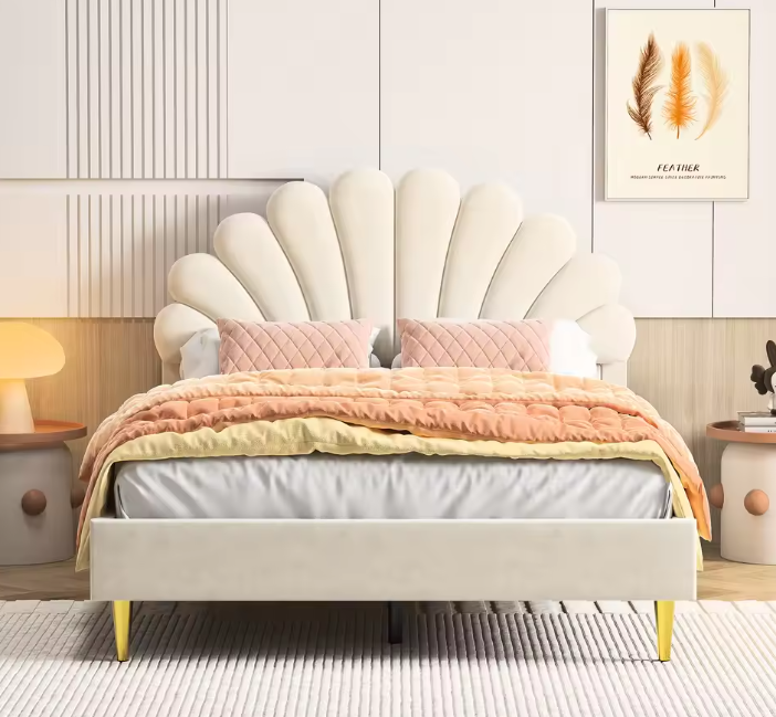 Gestoffeerd Tweepersoonsbed 140x200 cm met Bloemvormig Hoofdeinde en Fluwelen Stof