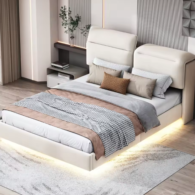 Zwevend Tweepersoonsbed 140x200 cm met LED-Verlichting en Opvouwbaar Hoofdeinde