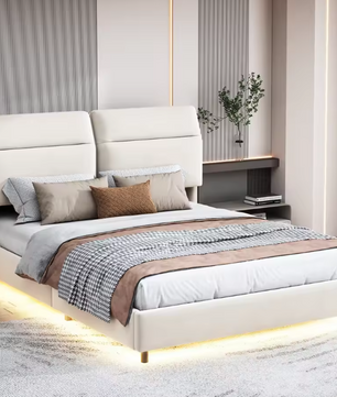 Zwevend Tweepersoonsbed 140x200 cm met LED-Verlichting en Opvouwbaar Hoofdeinde