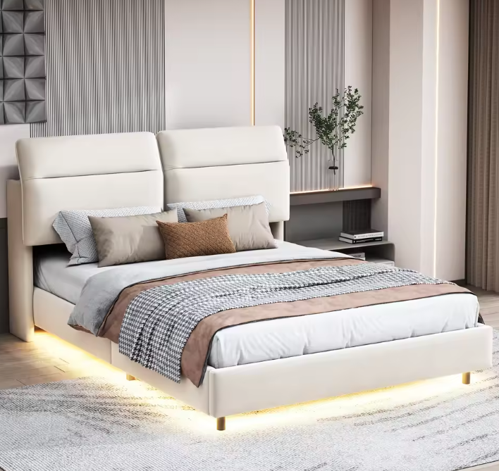 Zwevend Tweepersoonsbed 140x200 cm met LED-Verlichting en Opvouwbaar Hoofdeinde