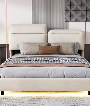 Zwevend Tweepersoonsbed 140x200 cm met LED-Verlichting en Opvouwbaar Hoofdeinde