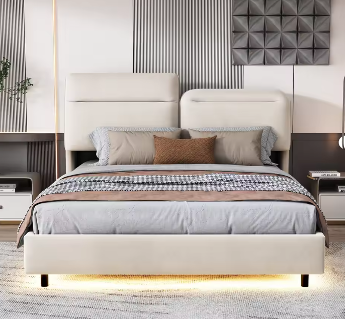 Zwevend Tweepersoonsbed 140x200 cm met LED-Verlichting en Opvouwbaar Hoofdeinde