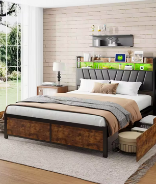 Metalen Tweepersoonsbed met 4 Lades en Opberghoofdeinde – Stalen en Houten Bedframe