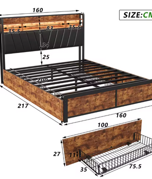 Metalen Tweepersoonsbed met 4 Lades en Opberghoofdeinde – Stalen en Houten Bedframe