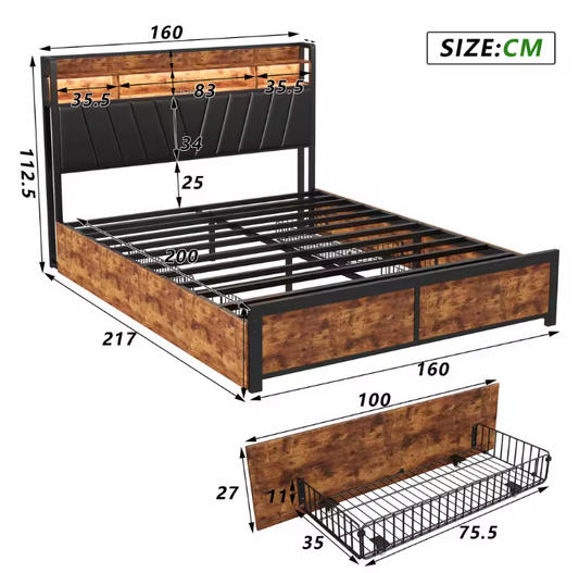 Metalen Tweepersoonsbed met 4 Lades en Opberghoofdeinde – Stalen en Houten Bedframe