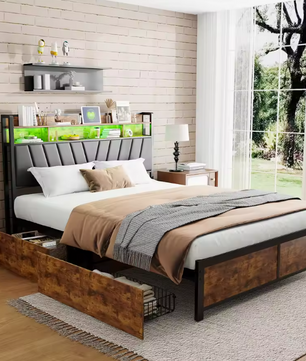 Metalen Tweepersoonsbed met 4 Lades en Opberghoofdeinde – Stalen en Houten Bedframe