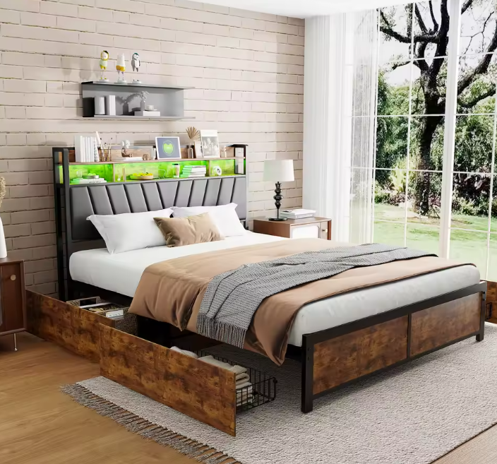 Metalen Tweepersoonsbed met 4 Lades en Opberghoofdeinde – Stalen en Houten Bedframe