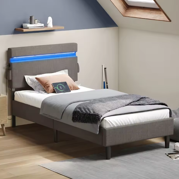 Gestoffeerd Bed met LED-Verlichting, USB en Type-C Oplaadpoorten