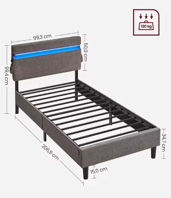 Gestoffeerd Bed met LED-Verlichting, USB en Type-C Oplaadpoorten