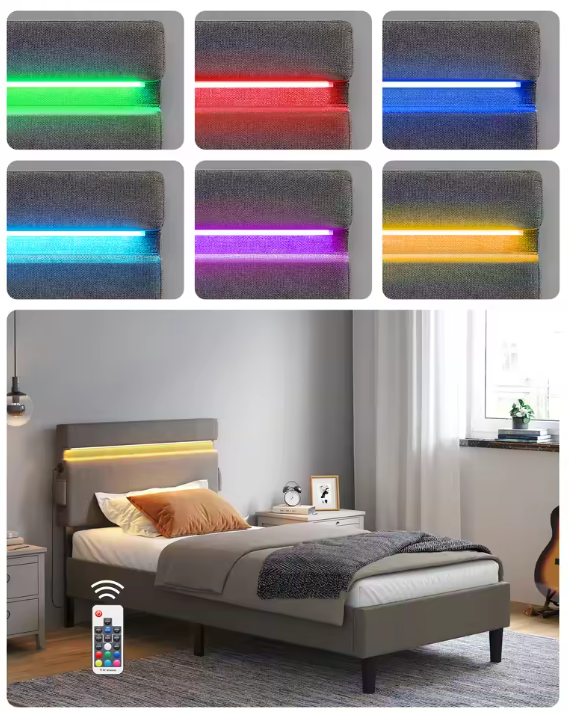 Gestoffeerd Bed met LED-Verlichting, USB en Type-C Oplaadpoorten