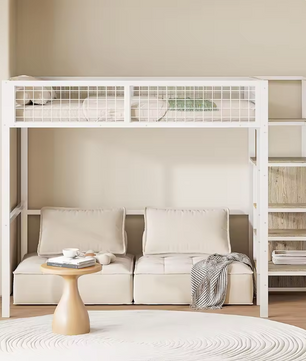 Hoogbed 140x200 cm met Ladder, Metalen Frame, Opbergplank en Kast