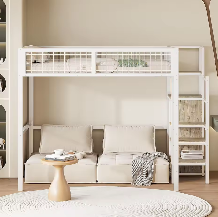 Hoogbed 140x200 cm met Ladder, Metalen Frame, Opbergplank en Kast