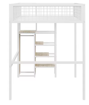 Hoogbed 140x200 cm met Ladder, Metalen Frame, Opbergplank en Kast