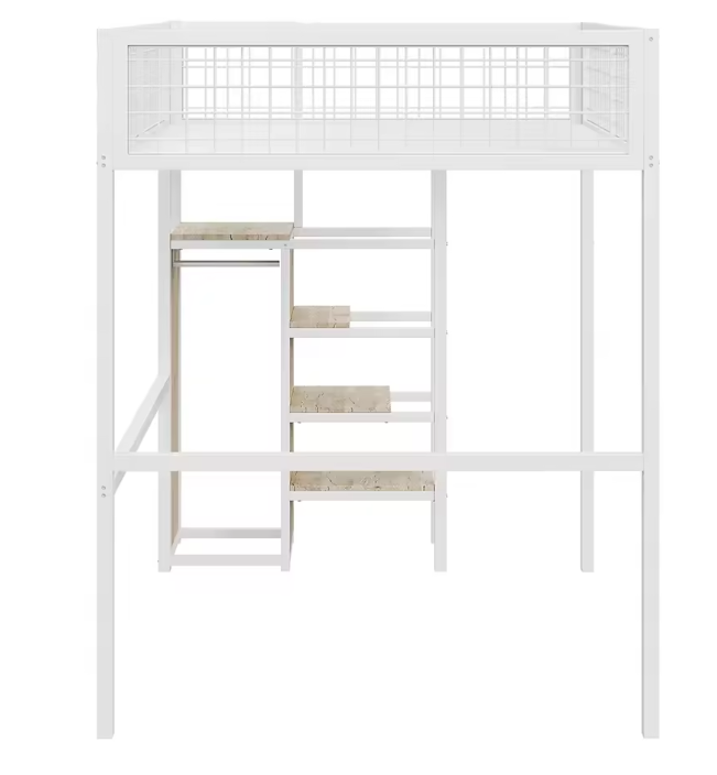 Hoogbed 140x200 cm met Ladder, Metalen Frame, Opbergplank en Kast