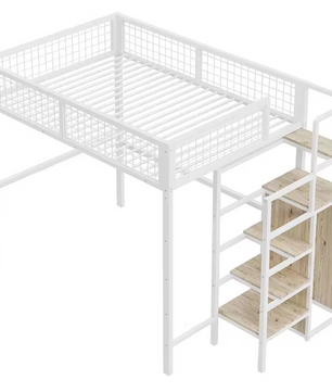 Hoogbed 140x200 cm met Ladder, Metalen Frame, Opbergplank en Kast