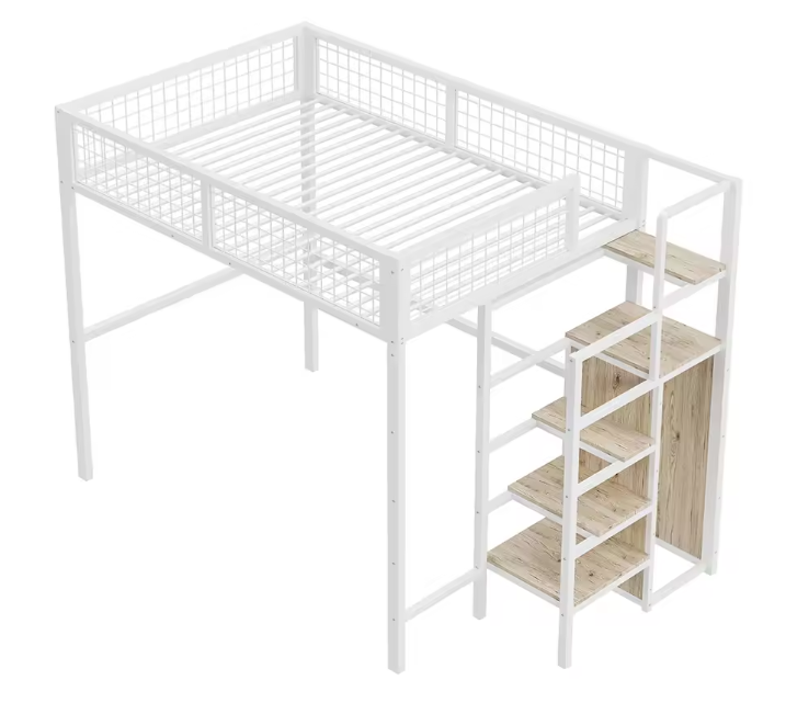 Hoogbed 140x200 cm met Ladder, Metalen Frame, Opbergplank en Kast