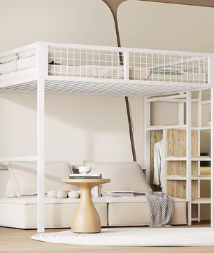 Hoogbed 140x200 cm met Ladder, Metalen Frame, Opbergplank en Kast