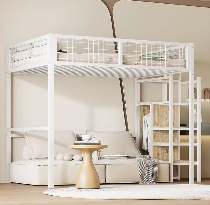 Hoogbed 140x200 cm met Ladder, Metalen Frame, Opbergplank en Kast