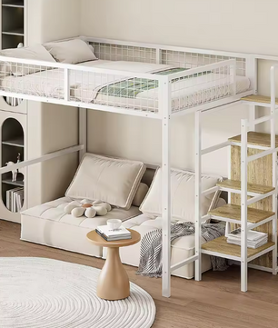 Hoogbed 140x200 cm met Ladder, Metalen Frame, Opbergplank en Kast