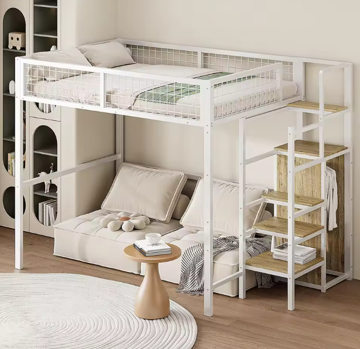 Hoogbed 140x200 cm met Ladder, Metalen Frame, Opbergplank en Kast