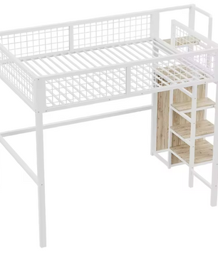 Hoogbed 140x200 cm met Ladder, Metalen Frame, Opbergplank en Kast