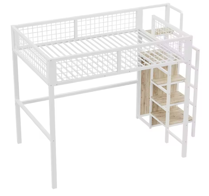Hoogbed 140x200 cm met Ladder, Metalen Frame, Opbergplank en Kast