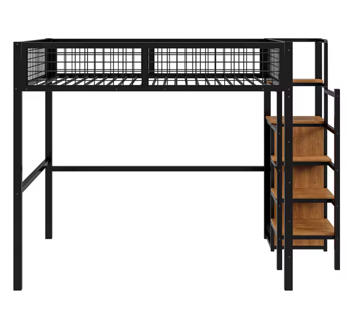 Hoogbed 140x200 cm met Ladder, Metalen Frame, Opbergplank en Kast