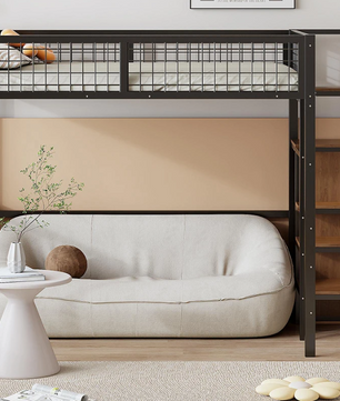 Hoogbed 140x200 cm met Ladder, Metalen Frame, Opbergplank en Kast