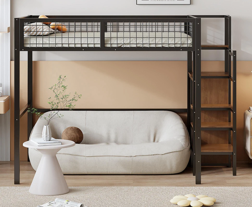 Hoogbed 140x200 cm met Ladder, Metalen Frame, Opbergplank en Kast