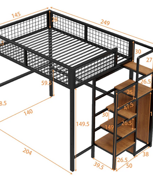 Hoogbed 140x200 cm met Ladder, Metalen Frame, Opbergplank en Kast