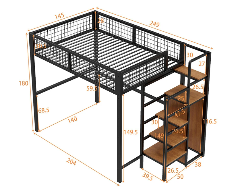 Hoogbed 140x200 cm met Ladder, Metalen Frame, Opbergplank en Kast