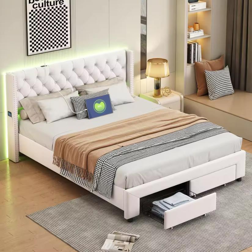 Stijlvol Beige Velvet Boxspringbed met 2 Opberglades en Verlichte Hoofdbord – Stevige Metaalstructuur en Comfortabele Slaapsysteem