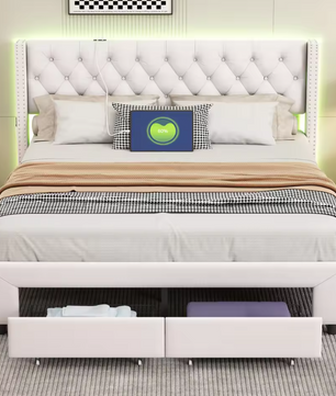 Stijlvol Beige Velvet Boxspringbed met 2 Opberglades en Verlichte Hoofdbord – Stevige Metaalstructuur en Comfortabele Slaapsysteem