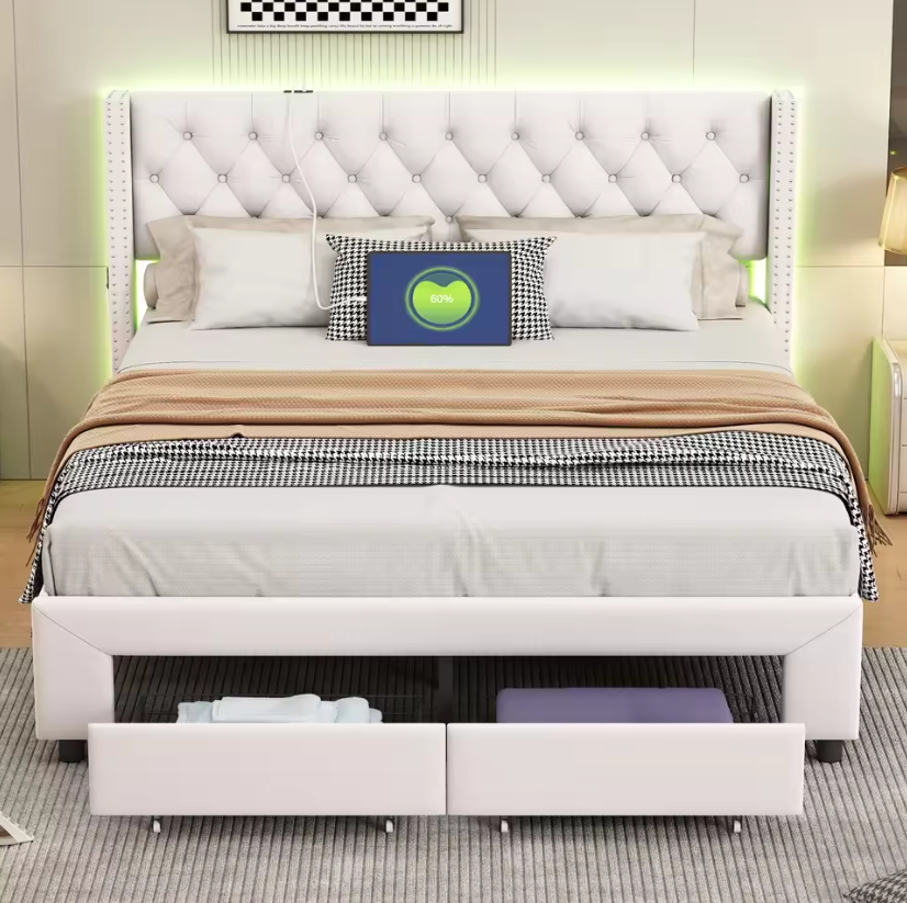Stijlvol Beige Velvet Boxspringbed met 2 Opberglades en Verlichte Hoofdbord – Stevige Metaalstructuur en Comfortabele Slaapsysteem