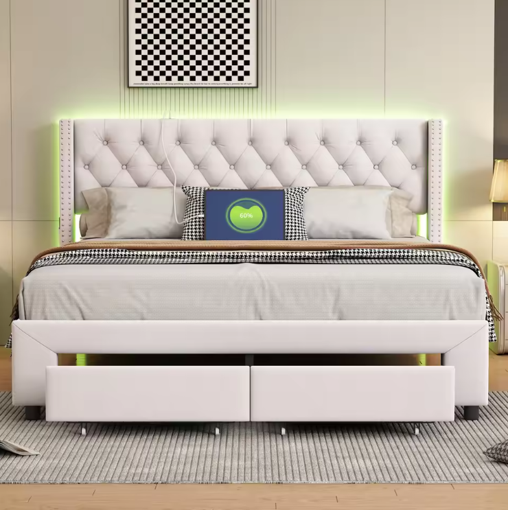 Stijlvol Beige Velvet Boxspringbed met 2 Opberglades en Verlichte Hoofdbord – Stevige Metaalstructuur en Comfortabele Slaapsysteem