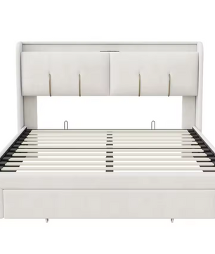 Velvet Dubbel Bed 140x200 cm met USB Oplaadpunt, LED Hoofdbord en Opberglade
