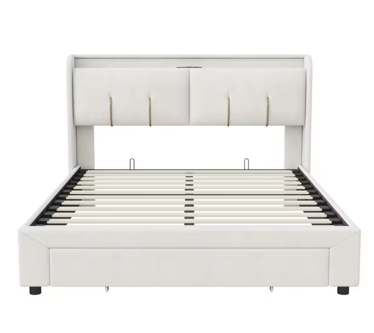 Velvet Dubbel Bed 140x200 cm met USB Oplaadpunt, LED Hoofdbord en Opberglade