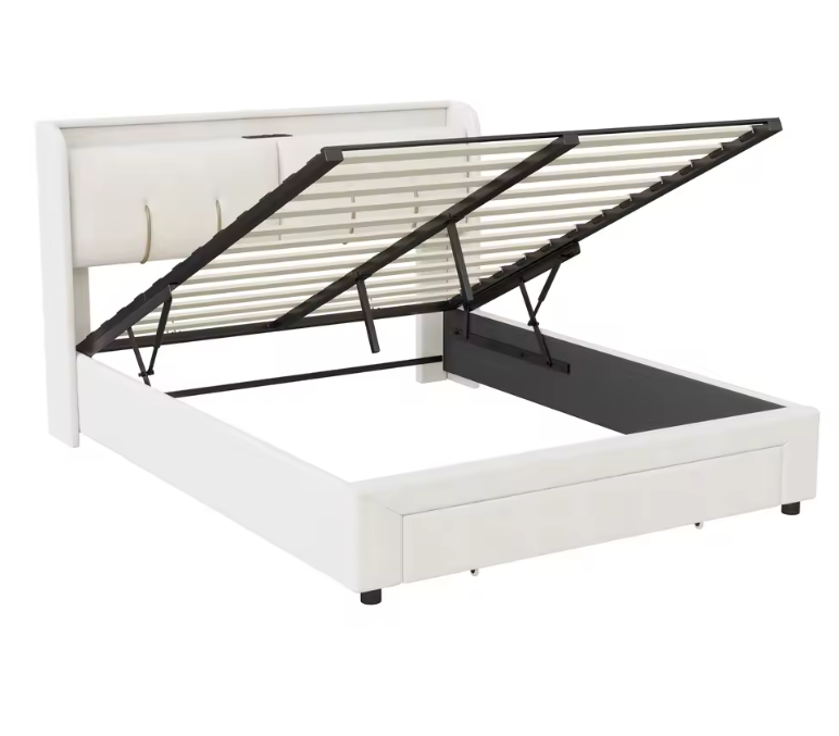 Velvet Dubbel Bed 140x200 cm met USB Oplaadpunt, LED Hoofdbord en Opberglade