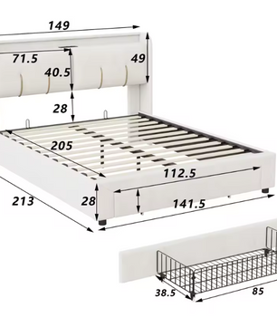 Velvet Dubbel Bed 140x200 cm met USB Oplaadpunt, LED Hoofdbord en Opberglade