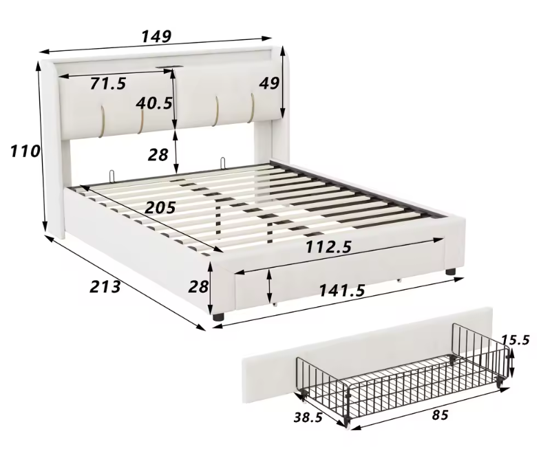 Velvet Dubbel Bed 140x200 cm met USB Oplaadpunt, LED Hoofdbord en Opberglade