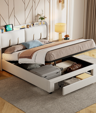 Velvet Dubbel Bed 140x200 cm met USB Oplaadpunt, LED Hoofdbord en Opberglade