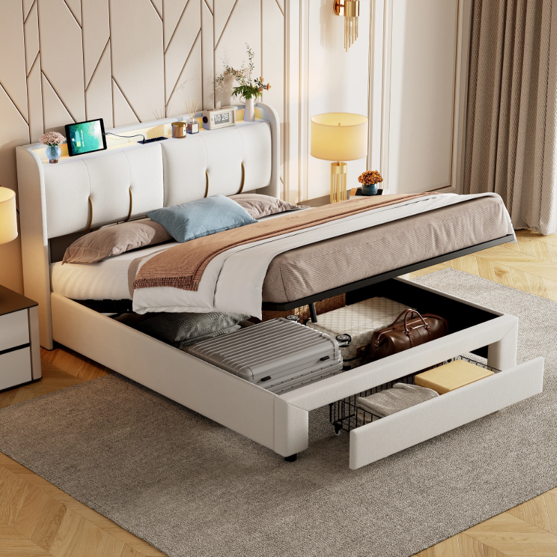Velvet Dubbel Bed 140x200 cm met USB Oplaadpunt, LED Hoofdbord en Opberglade