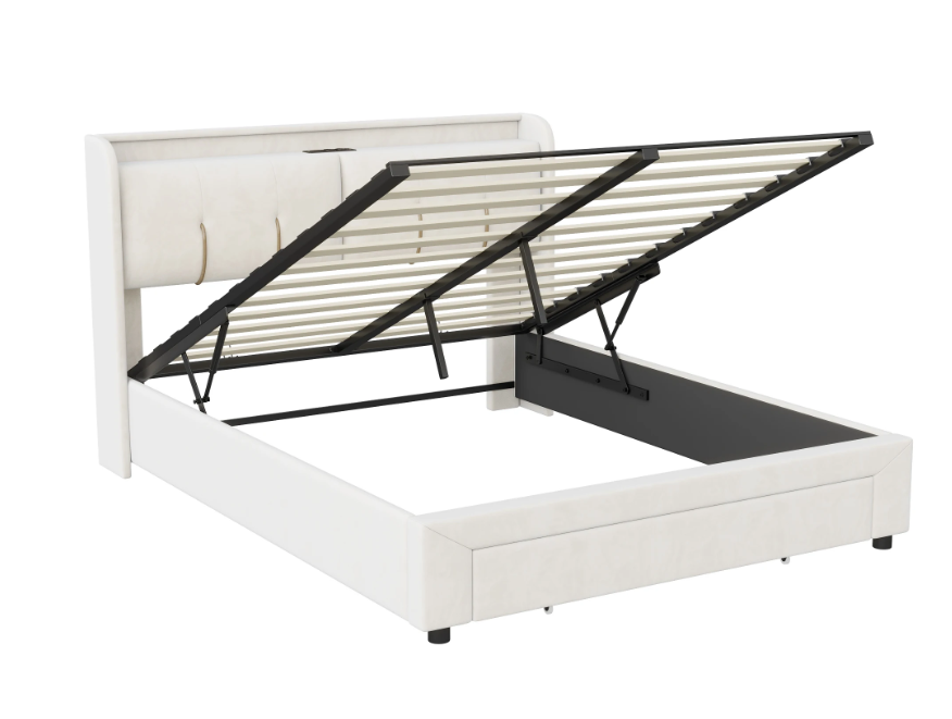 Velvet Dubbel Bed 140x200 cm met USB Oplaadpunt, LED Hoofdbord en Opberglade
