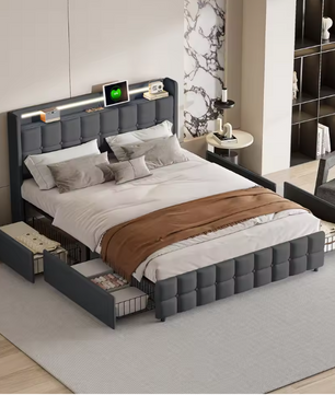Upholstered Bed met LED, USB-poorten en 4 Opberglades