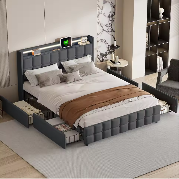 Upholstered Bed met LED, USB-poorten en 4 Opberglades