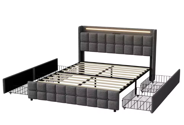 Upholstered Bed met LED, USB-poorten en 4 Opberglades