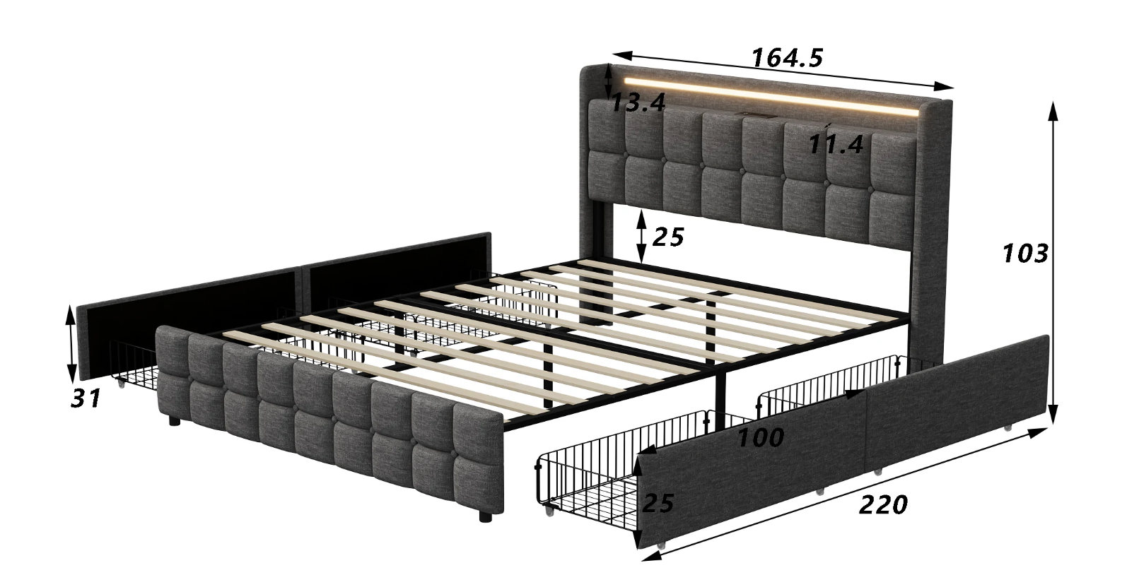Upholstered Bed met LED, USB-poorten en 4 Opberglades