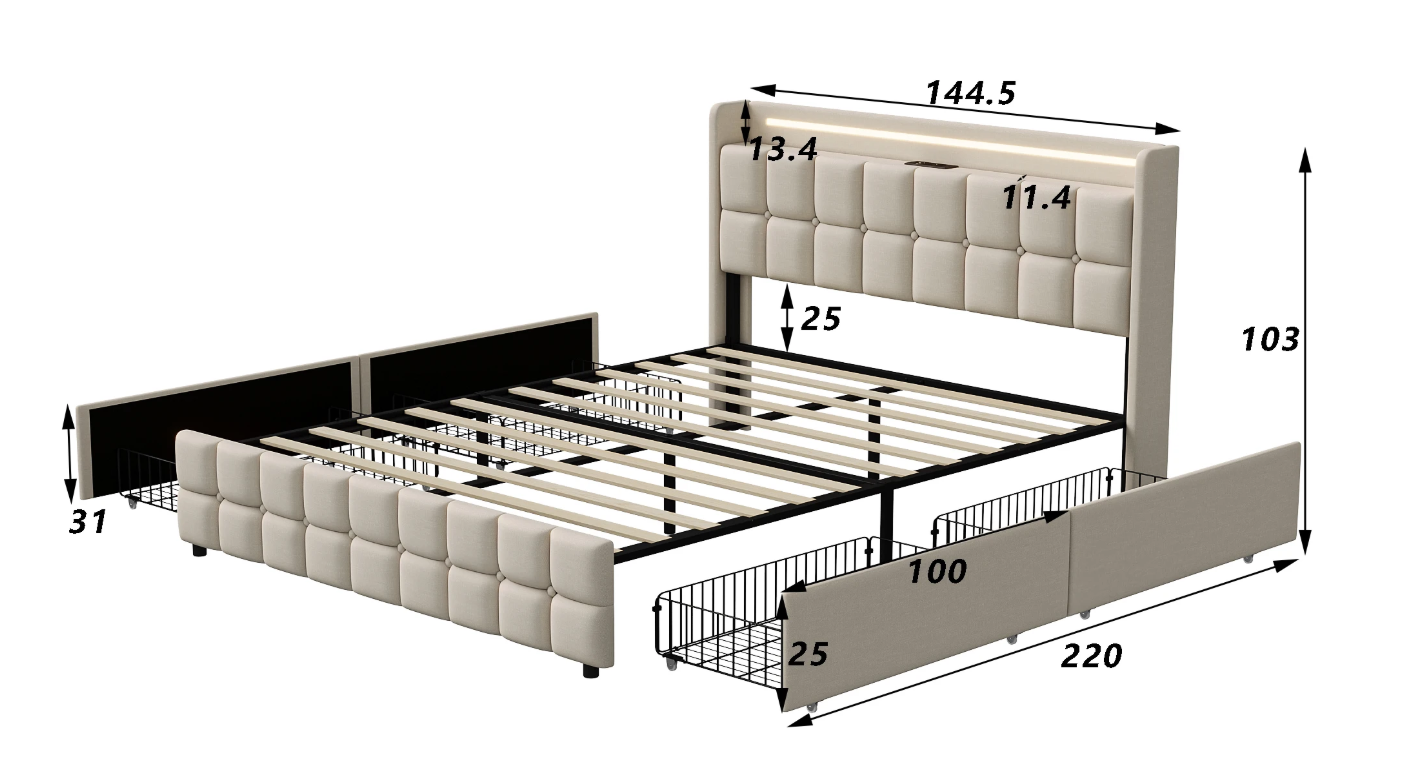 Upholstered Bed met LED, USB-poorten en 4 Opberglades